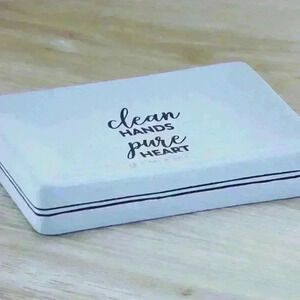 Soap Dish Decor Clean Hands Pure Heart Blue & White Ceramic Christian Religious